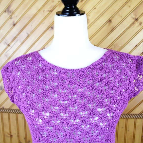 Purple Open Stitch Sweater Short Sleeve Handknit Handmade Small Knit Fall CA123 - Picture 5 of 9